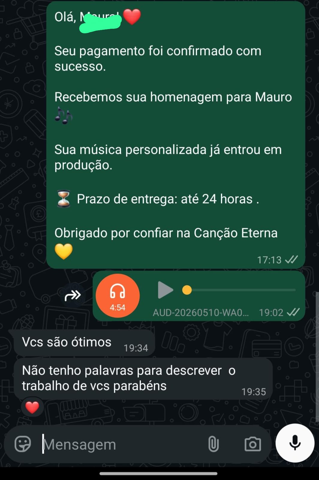 Print de cliente elogiando o trabalho da Melodia Eterna